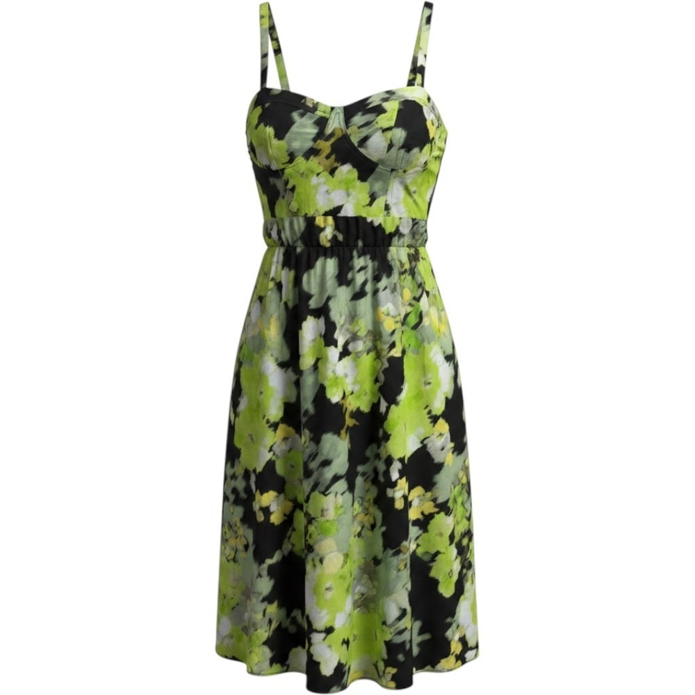 DKNY Structured Bodice Lime Green Black Abstract Floral Midi Dress Sz 10